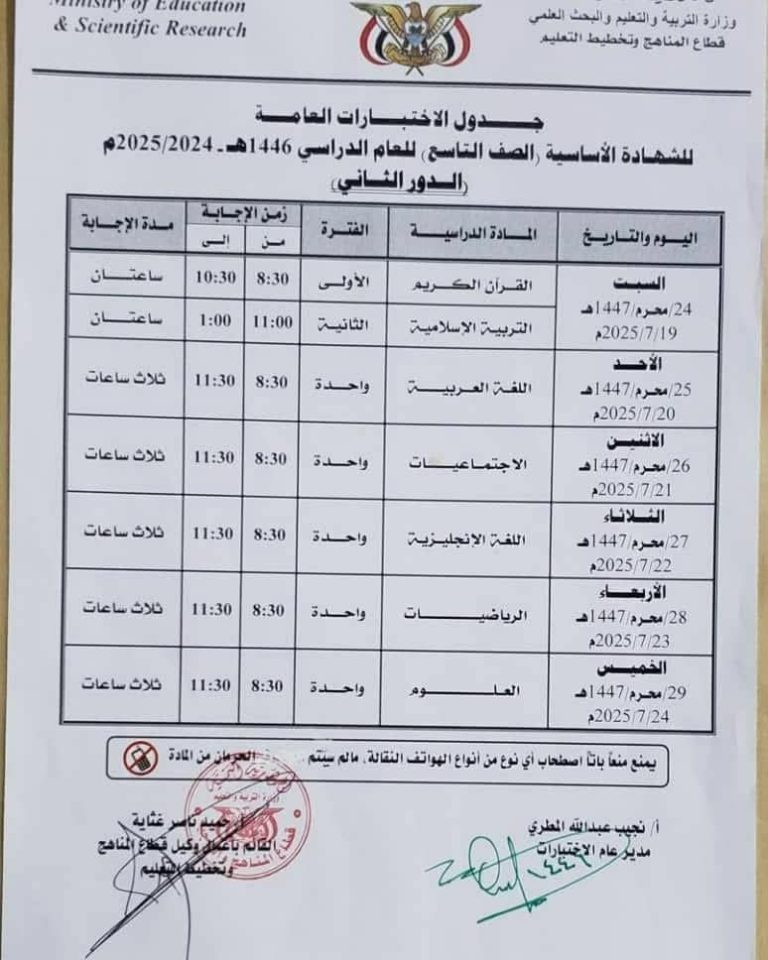الاختبارات التكميلية للصف التاسع